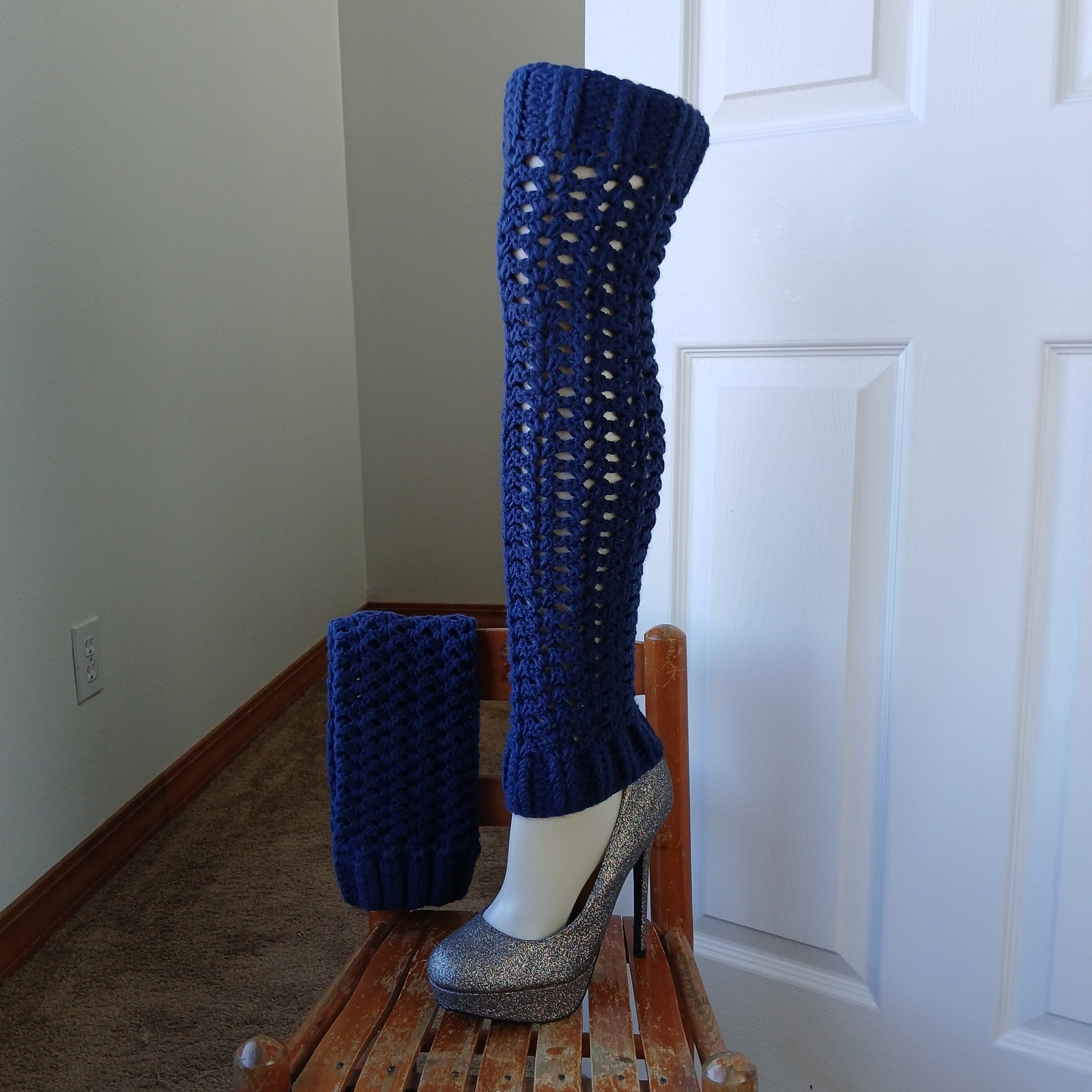 Navy Blue Leg Warmers OSFM crochet warm thick chunky over the knee dance premade