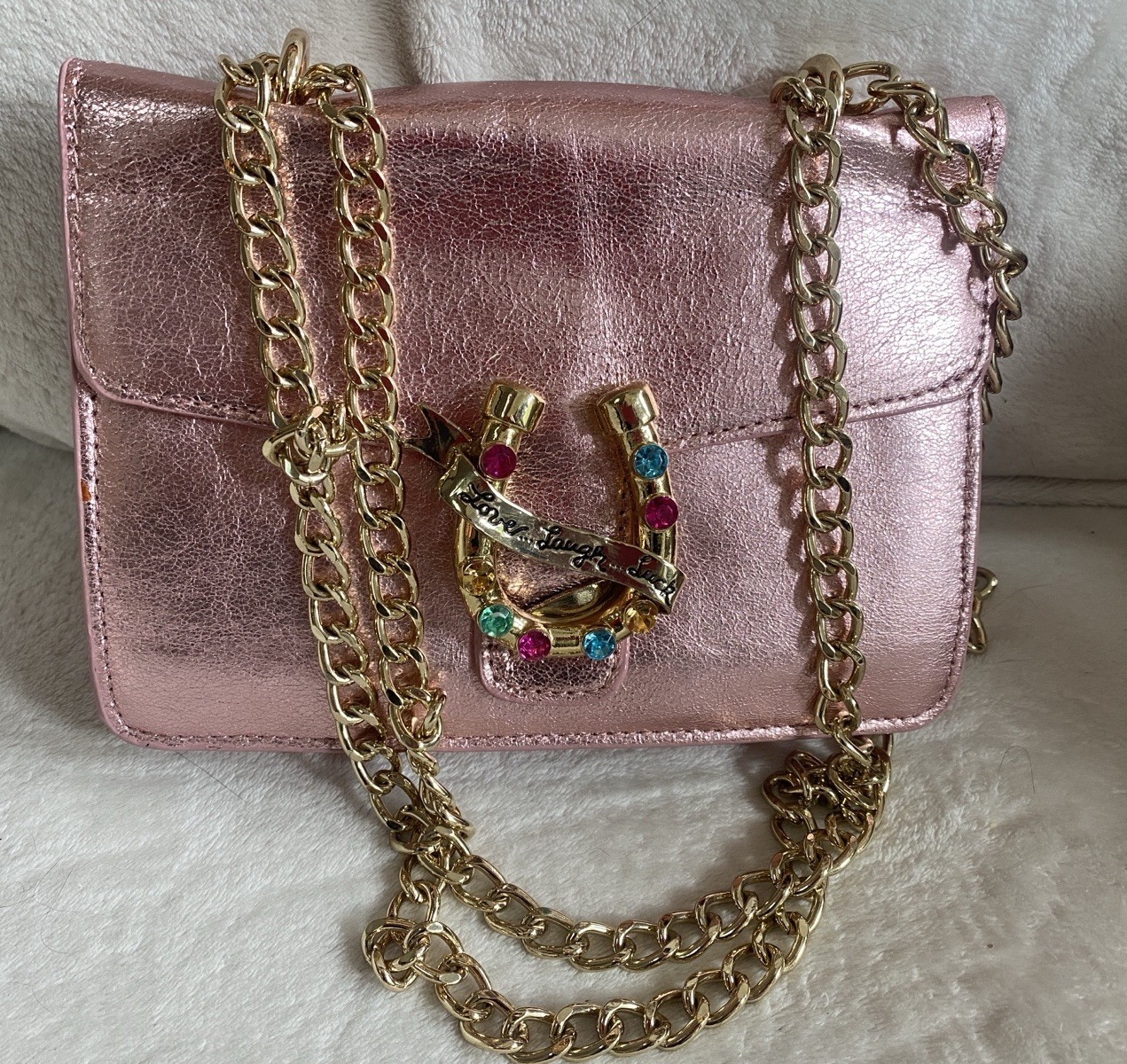 NWT Betsy Johnston Pink Gem-Embellished HORSESHOE Crossbody Bag with Chain Strap