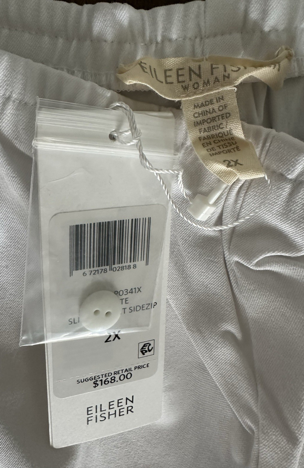 Eileen Fisher 2X White Slim Ankle Pant Side Zip Organic Cotton Stretch NWT