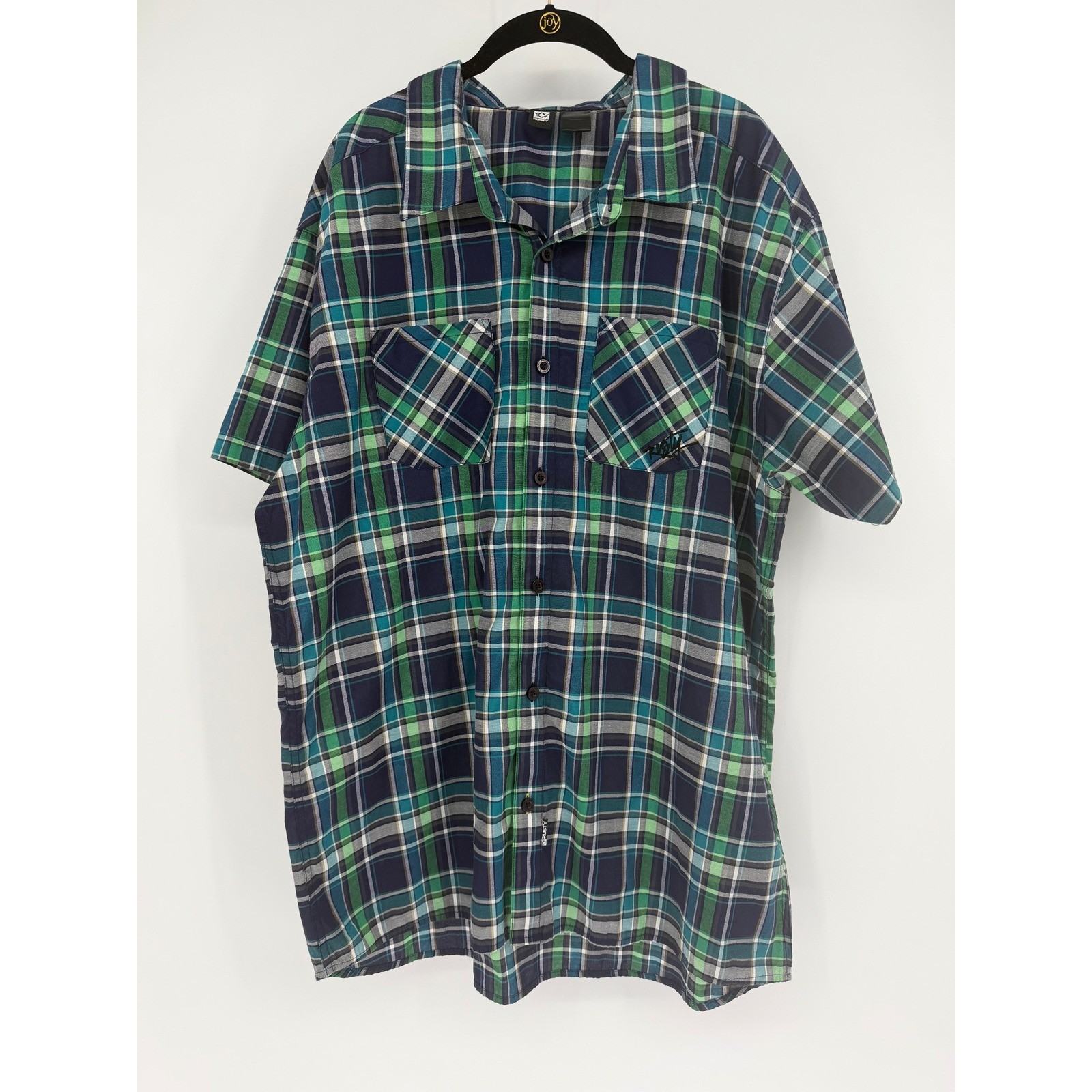 Rusty Mens XXL Short Sleeve Plaid Button Down Shirt Green Blue Surf J11104701