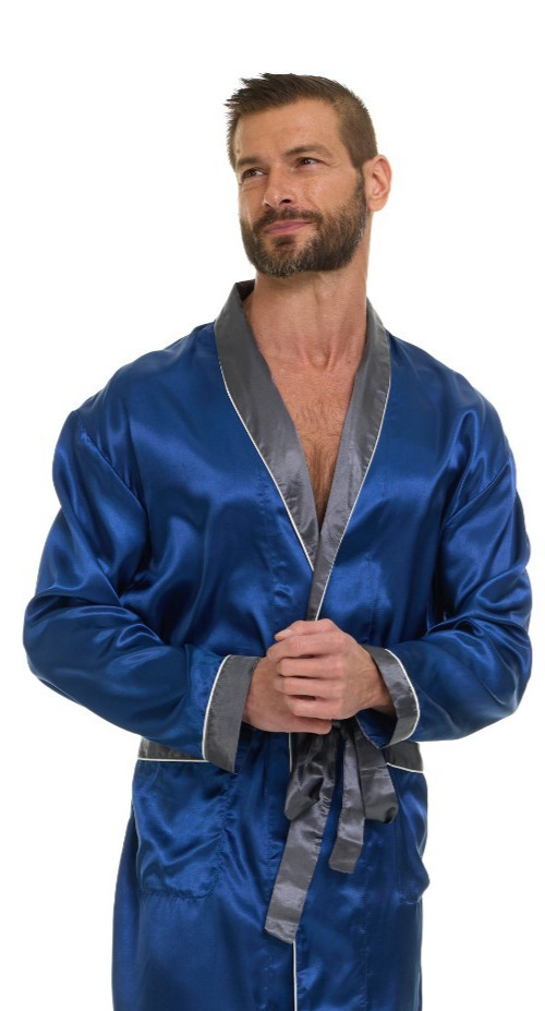 Mens Silk Satin Robe – NAVY / GRAY COLLAR – ” 5 day Delivery – USA ”