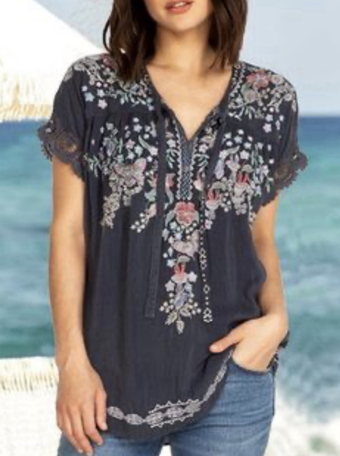 JOHNNY WAS Blouse Medium Gray Embroidered Floral Short Sleeve Avril Top EUC!!!!!
