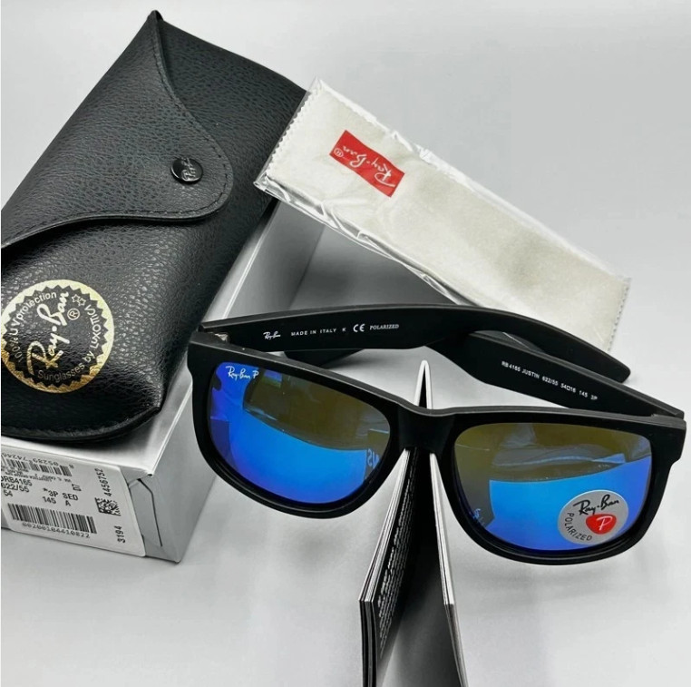 Ray-Ban Justin RB4165 622/55 Rubber Black Blue Mirror Polarized Sunglasses 54 mm