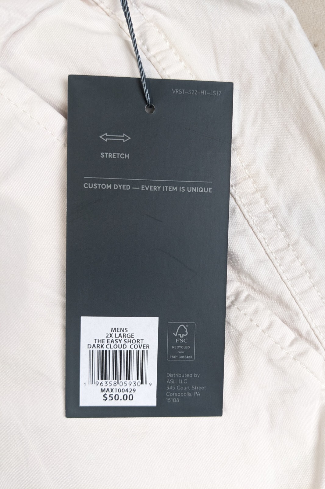 VRST 2XL Mens Shorts Casual Drawstring 40×7 The Easy Short Dark Cloud NWT Cotton