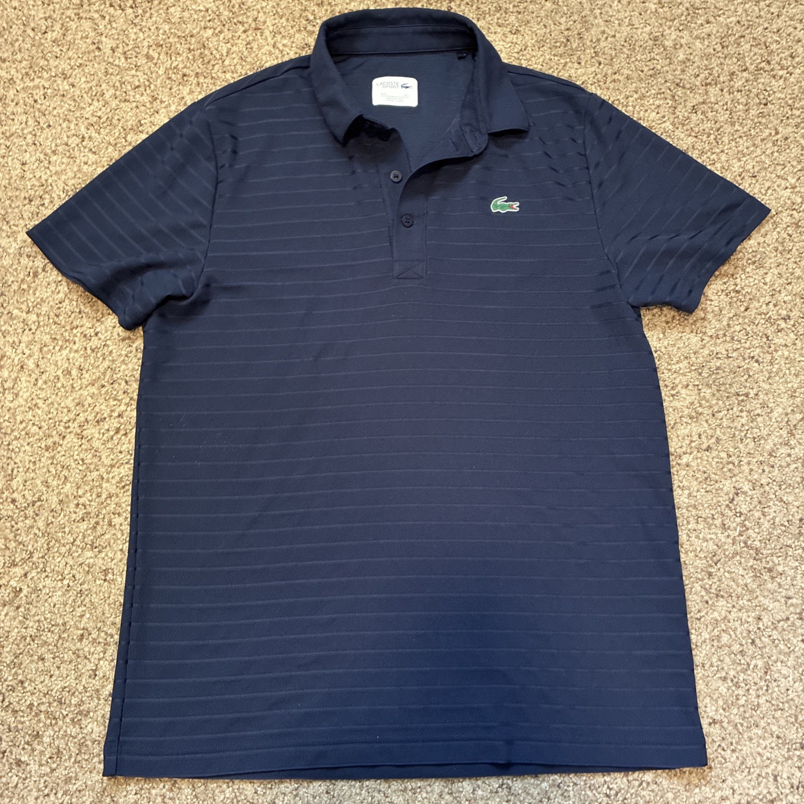 Lacoste Sport Navy Blue Striped Polo Shirt Men’s Short Sleeve L