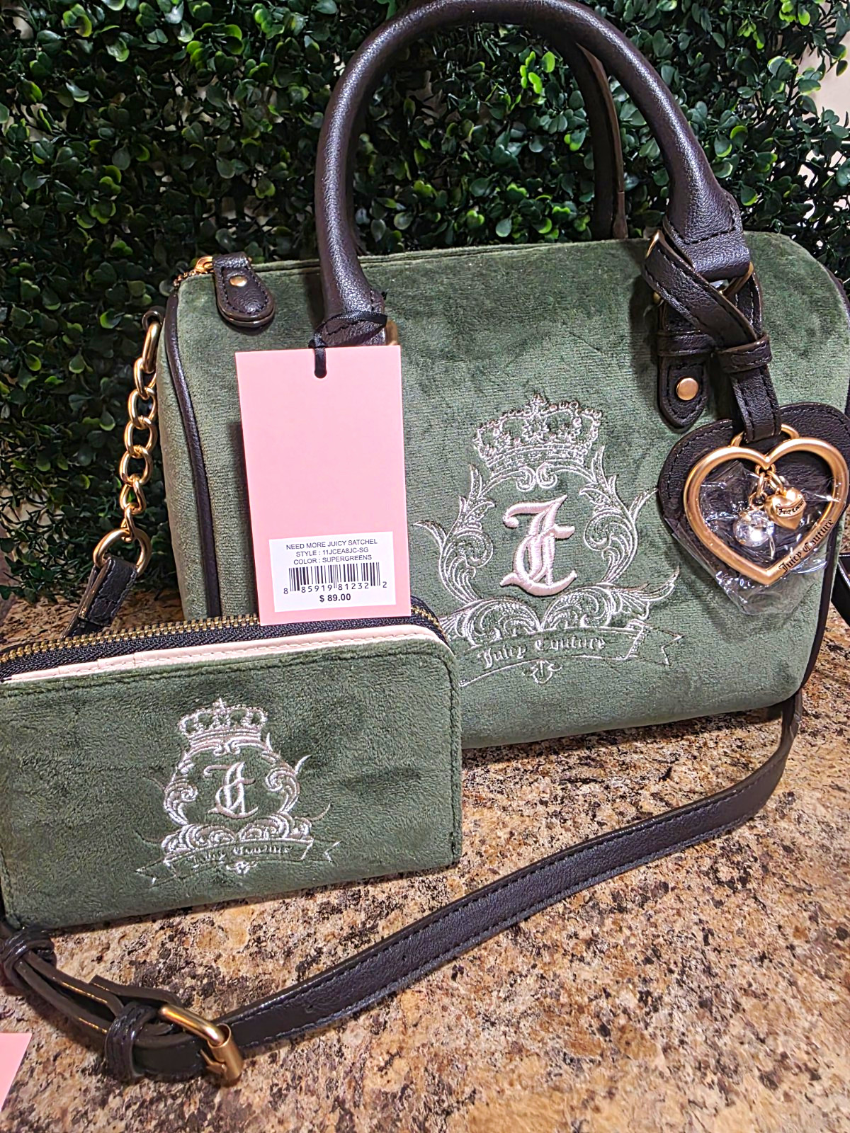Juicy Couture Green Logo Satchel Top Handle w/ Heart Charm, Wallet & Strap
