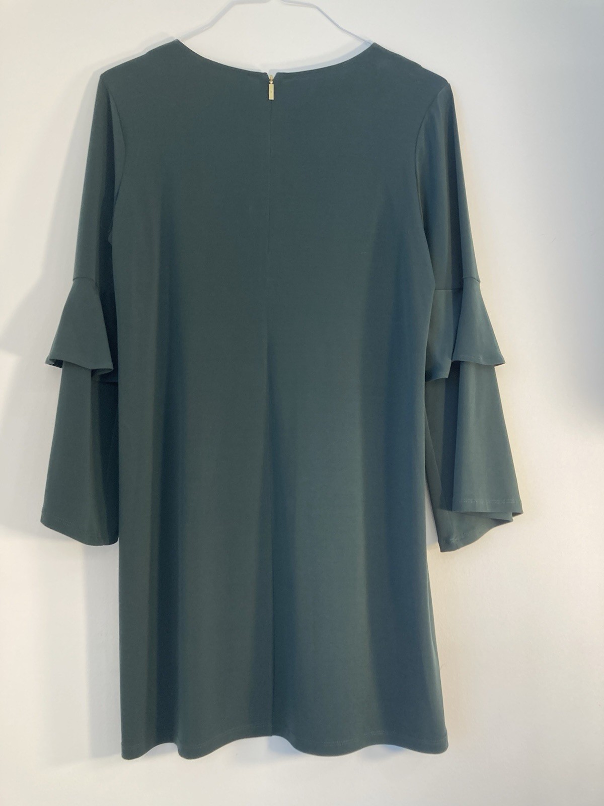 Michael Kors Teal Jersey Shift Dress Gold Chain Accent Ruffle Sleeve Size L