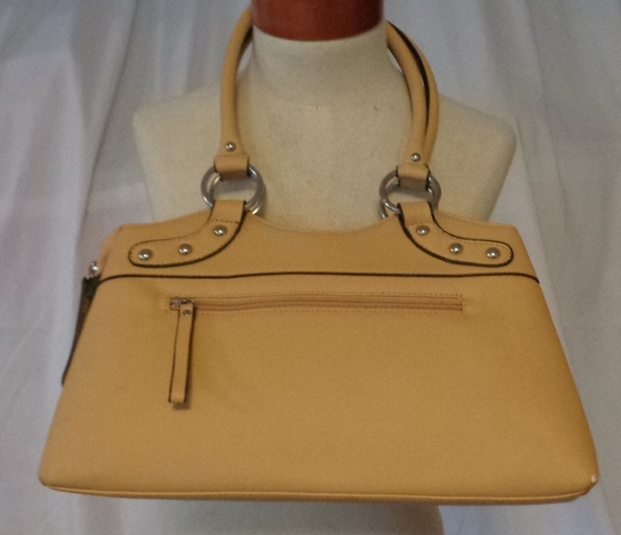 TAN MUSTARD YELLOW HANDBAG PURSE UNBRANDED TOTE MULTI POCKET DOUBLE HANDLE ZIPS