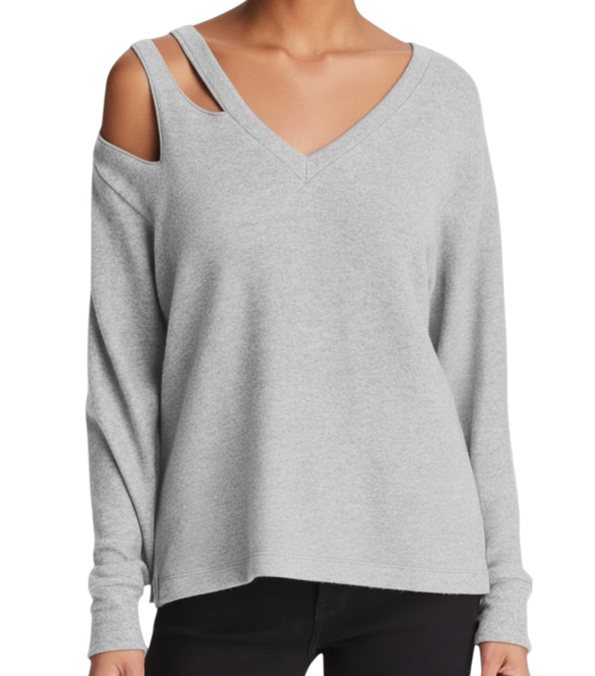 LNA CLOTHING Light Gray HAWK SWEATER Cut-Outs at Shoulder TENCEL Super Soft XS