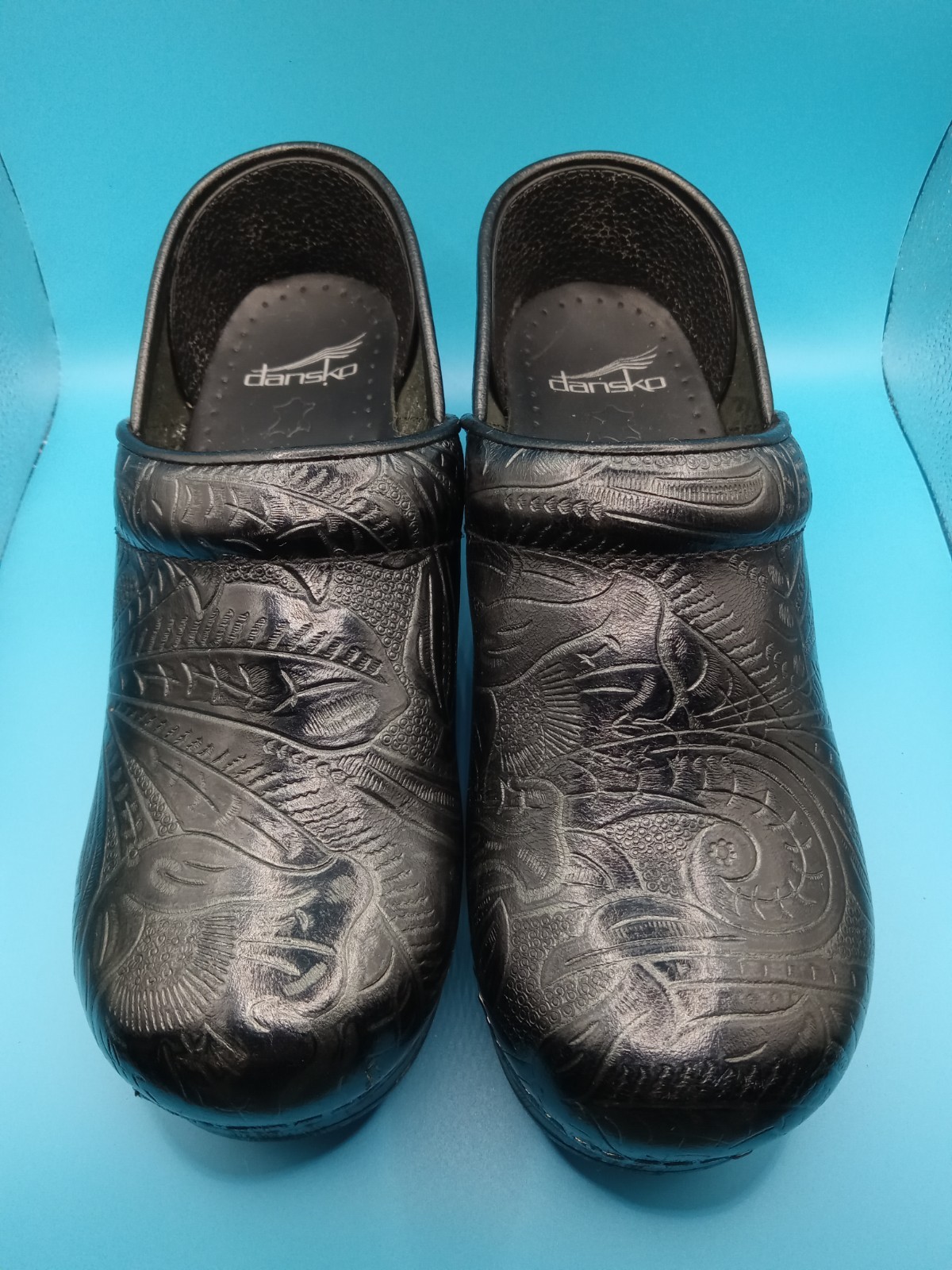 Dansko Clogs Womens 37 EU 6.5 US Antique Tooled Leather Black Paisley Shoes