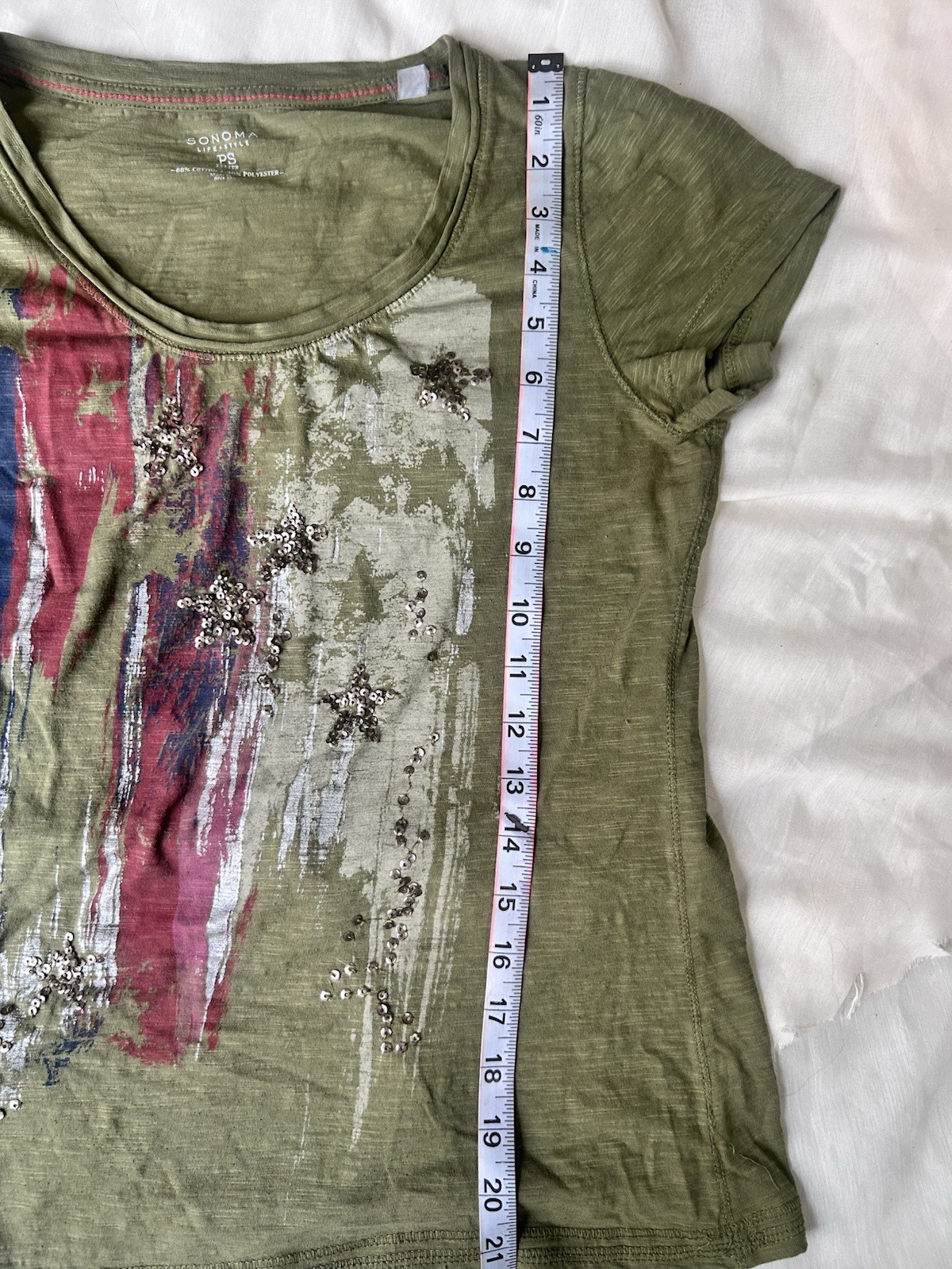 Sonoma Flag Graphic Tshirt Sequin sz PS vtg y2k cotton blend forest green