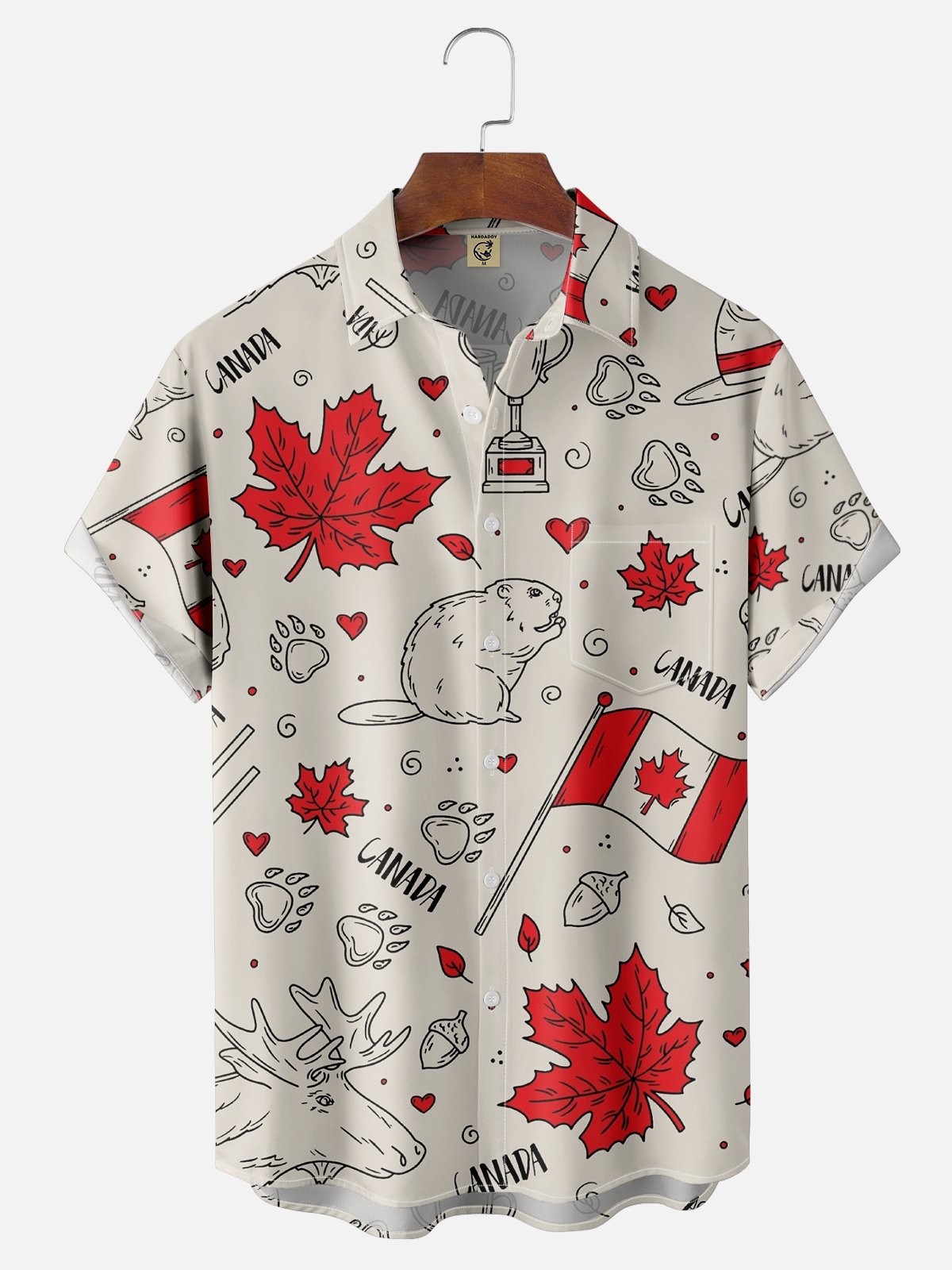 Canada Day Maple Leaf Squirrel Elk Chest Pocket Hawaiian Shirt