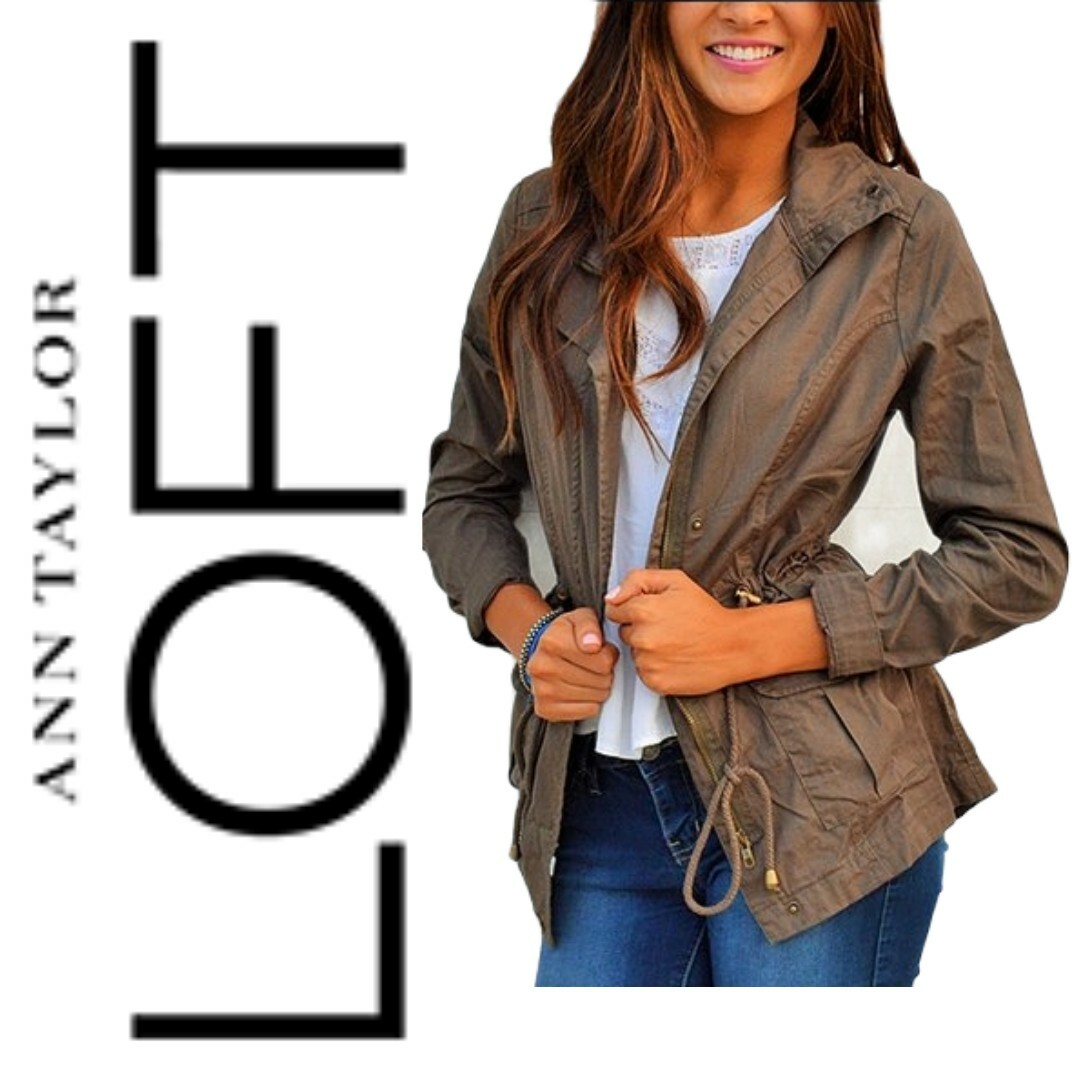 LOFT Bomber Jacket Coat Olive Green Army Ruffle Cinched Adjustable Wasit