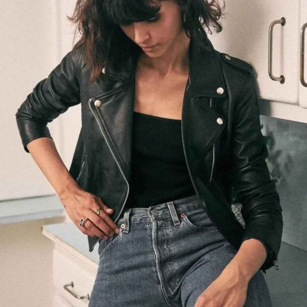 NWOT Sézane Zig Leather Biker Jacket in Black