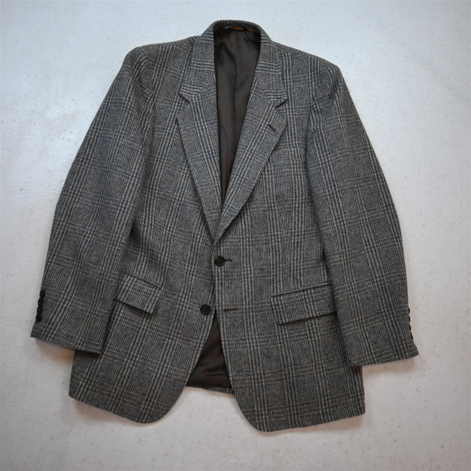 Vtg USA 40R Beige Gray Glenn Check Flannel Wool Mens Blazer Jacket Sport Coat