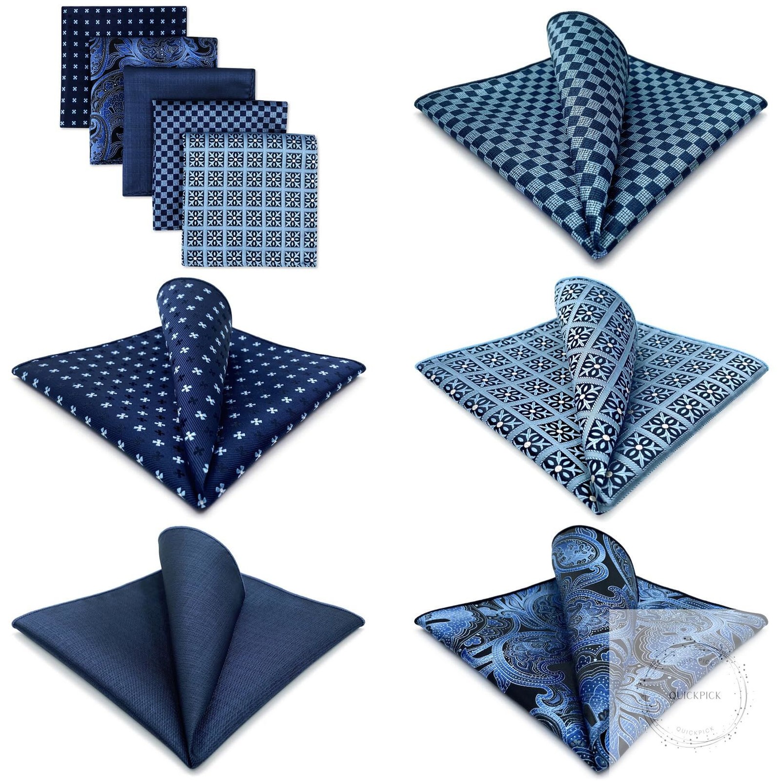 5 Pieces Assorted Mens Silk Pocket Square Handkerchiefs Set Lot