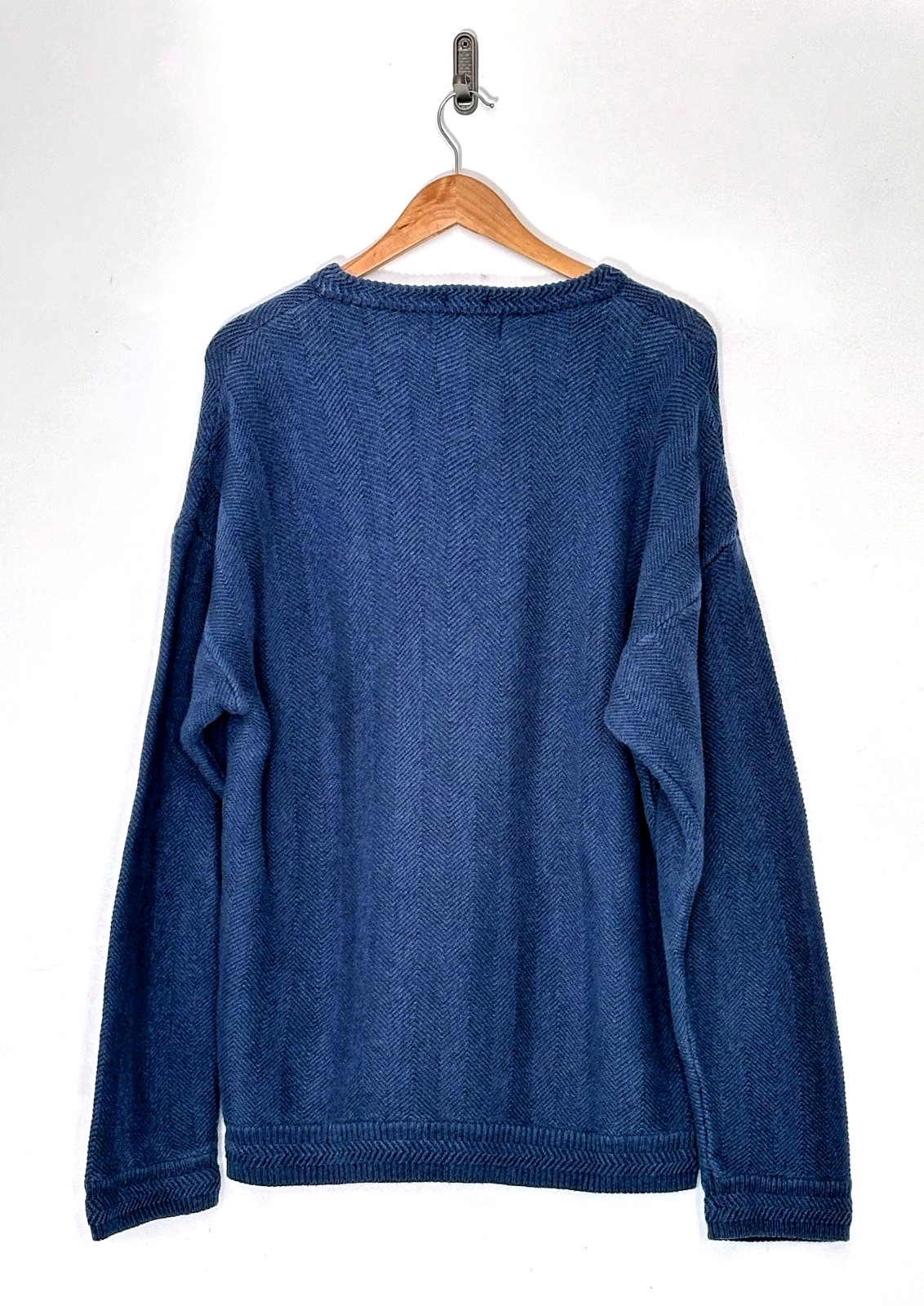 Chaps Ralph Lauren Mens Large Cotton Herringbone Sweater Blue Gray Crewneck