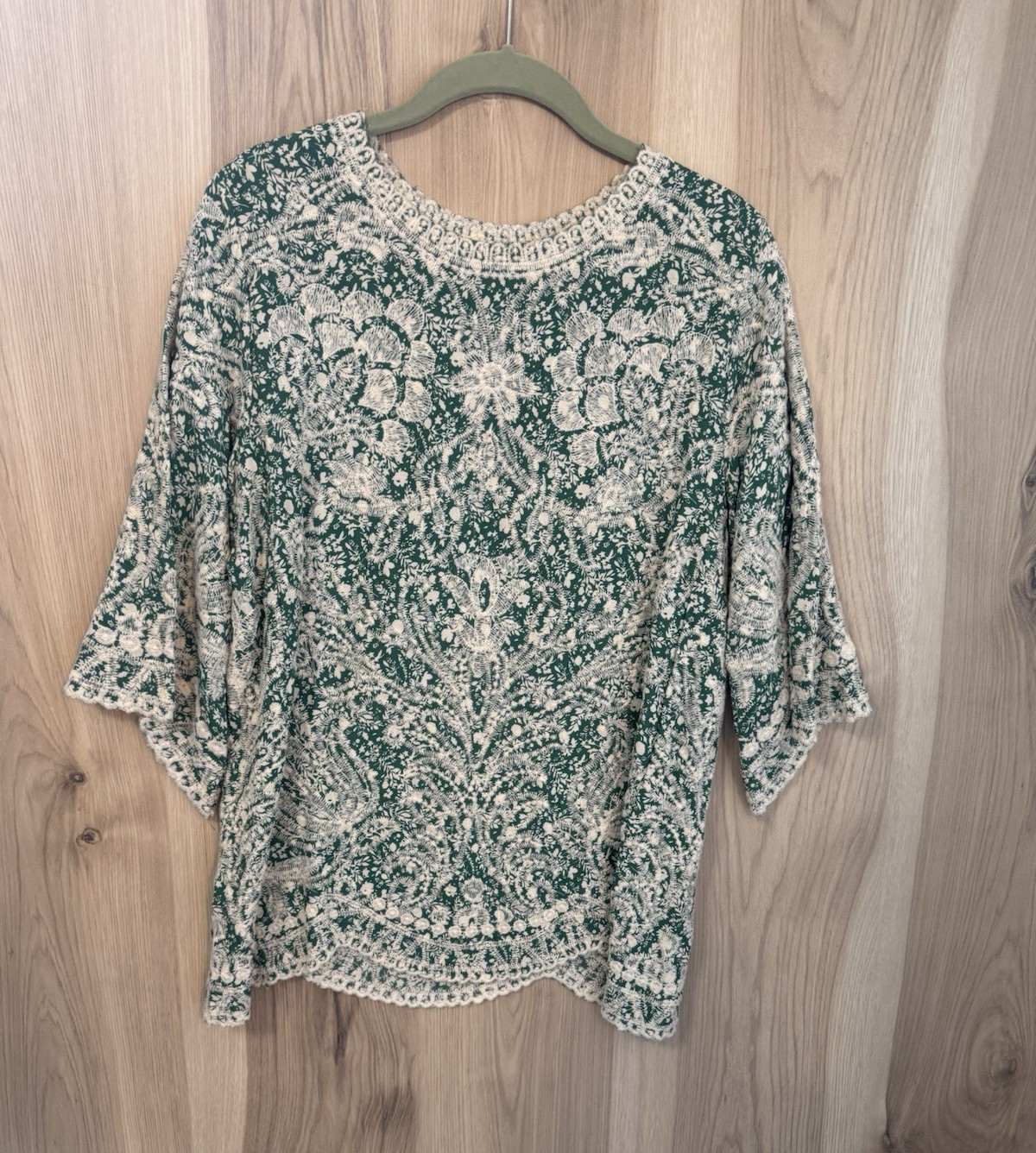Solitaire Green White Rayon Woven Lace Trim Round Neck 3/4 Sleeve Blouse M