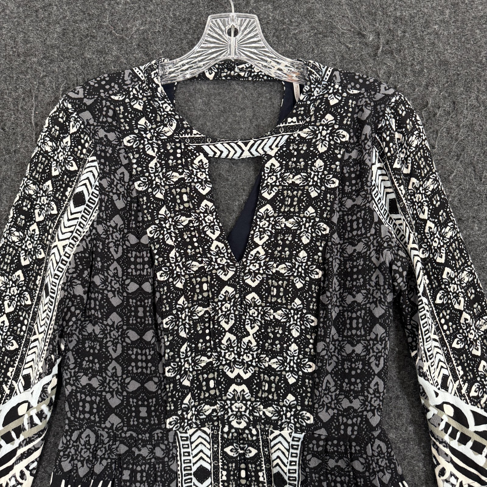 Free People Tegan Border Printed Dress Women’s 4 Black Geometric Bell Sleeve