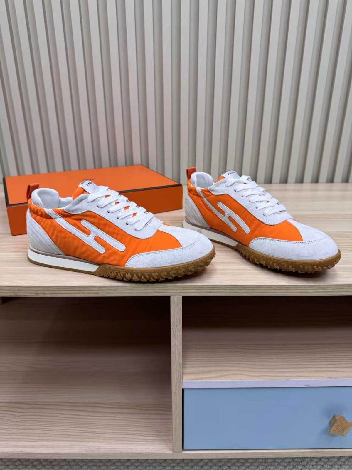 Hermès Jet Sneaker Orange White Suede Nylon Low Top Trainer Men Casual Shoes