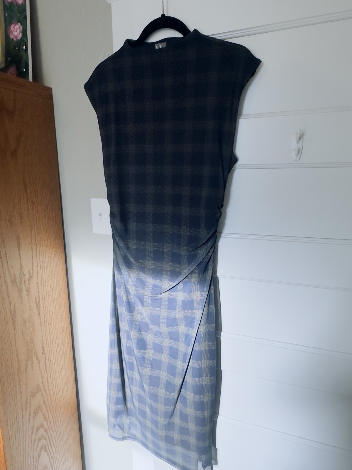 Worthington Women’s L Blue Gray Plaid Midi Dress Boat Neck Cap Sleeve