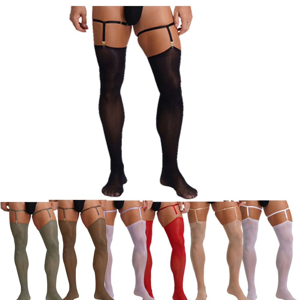 Mens Sexy Sissy Nylon Tights Sheer See Through Stockings Thigh High Suspender