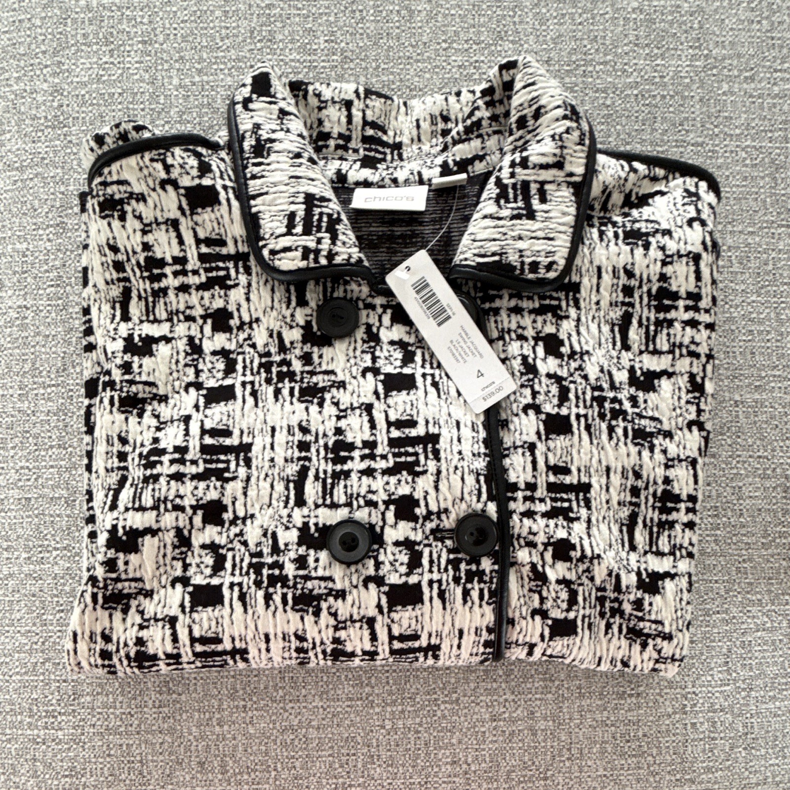 Chico’s Black & White Check Collared Button Front Lined Short Jacket Size 4