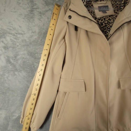 Gallery Jacket Womens M Softshell Beige Full Zip Snap Hooded Lined Stretch New