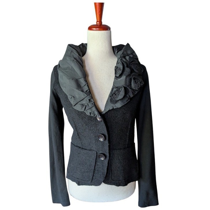 KEEPS Made in Italy Black Wool Blend Rosette Ruffle Collar Blazer Jacket Medium
