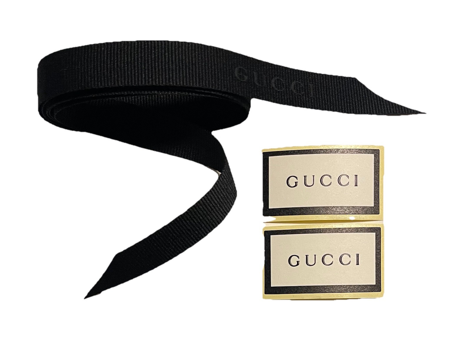 Authentic Gucci Black Grosgrain Ribbon Logo ribbon & sticker set 36″ x .5” In