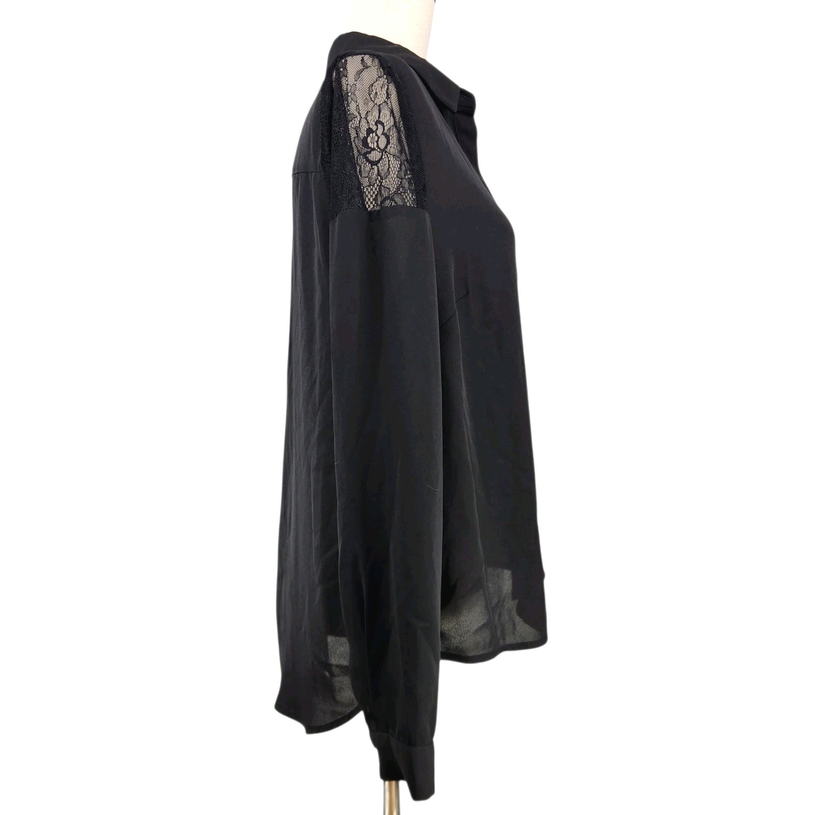 Liz Claiborne Button Up Blouse Medium Black Lace Accents Feminine Holiday Dressy