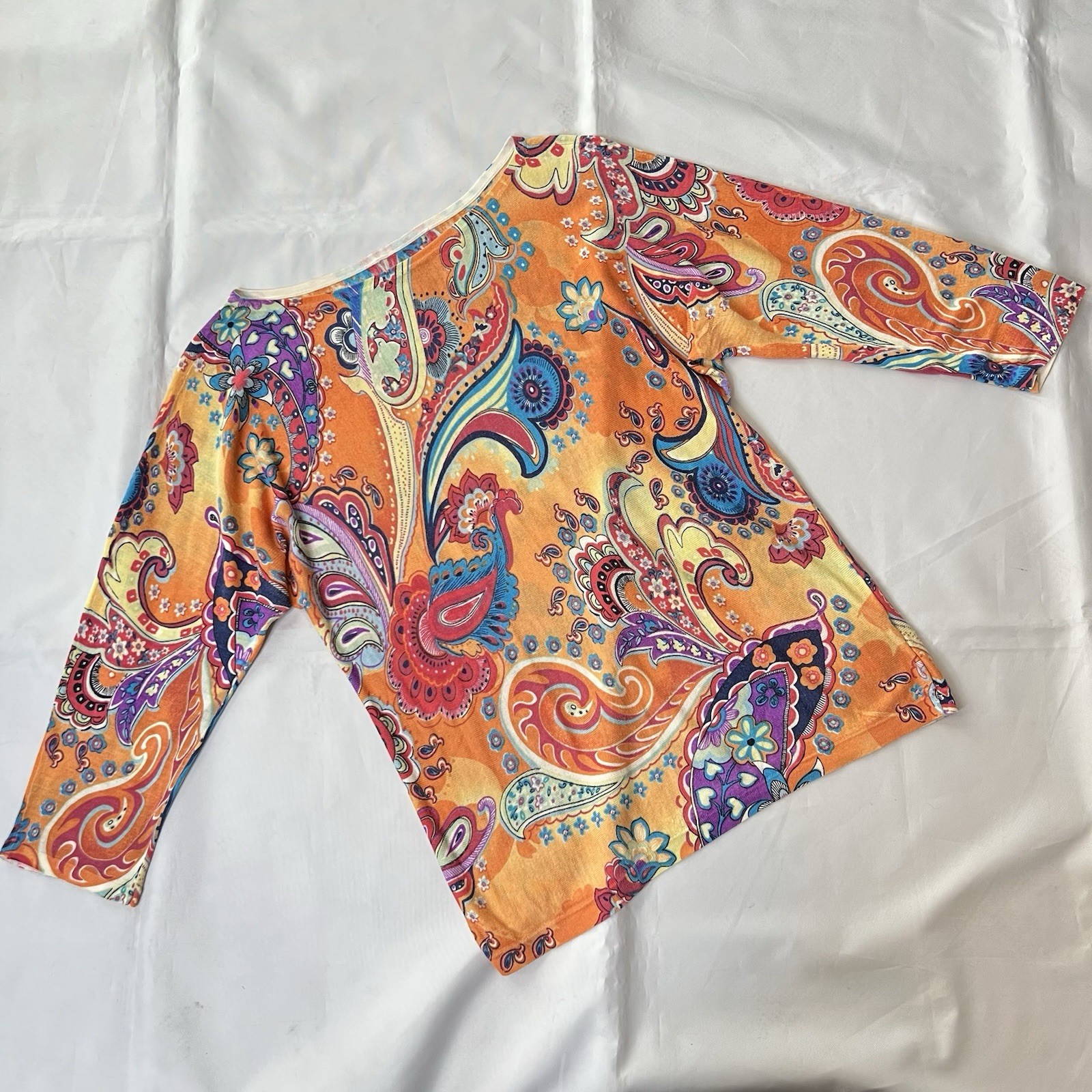 Lauren Ralph Orange Paisley Knit Boat Scoop Neck 3/4 Sleeve Top See Descrip