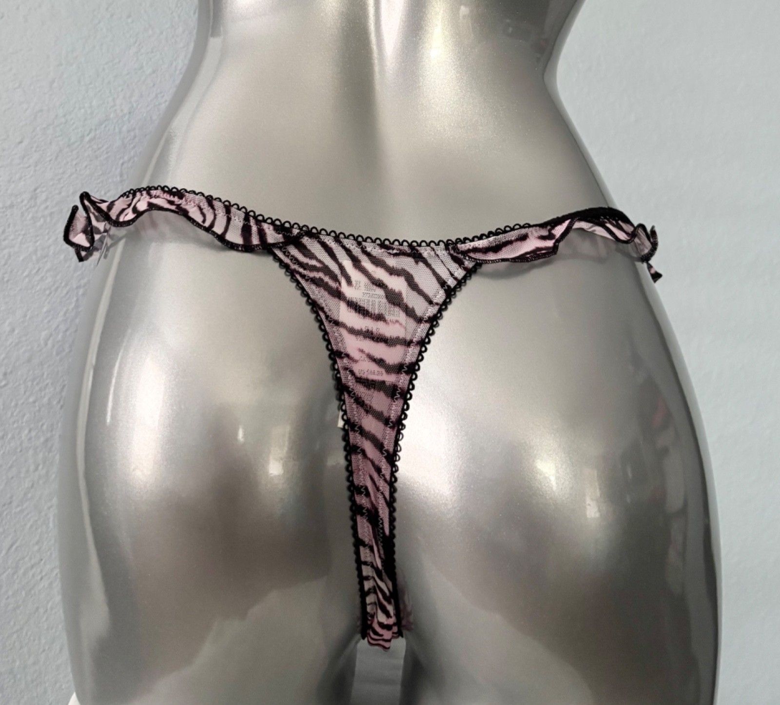 PINK Victoria’s Secret Thong Panty Black Zebra Mesh Ruffle Nwt S M L XL