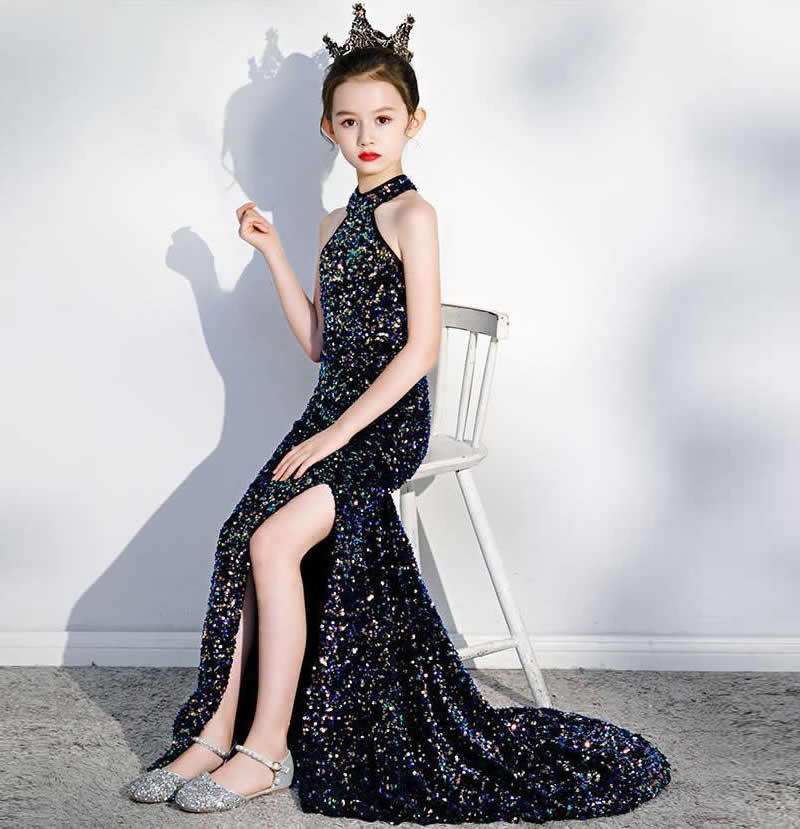 Black Sequined Slim Mermaid Sweep Train Long Maxi Ball Gown Dress Party Princess