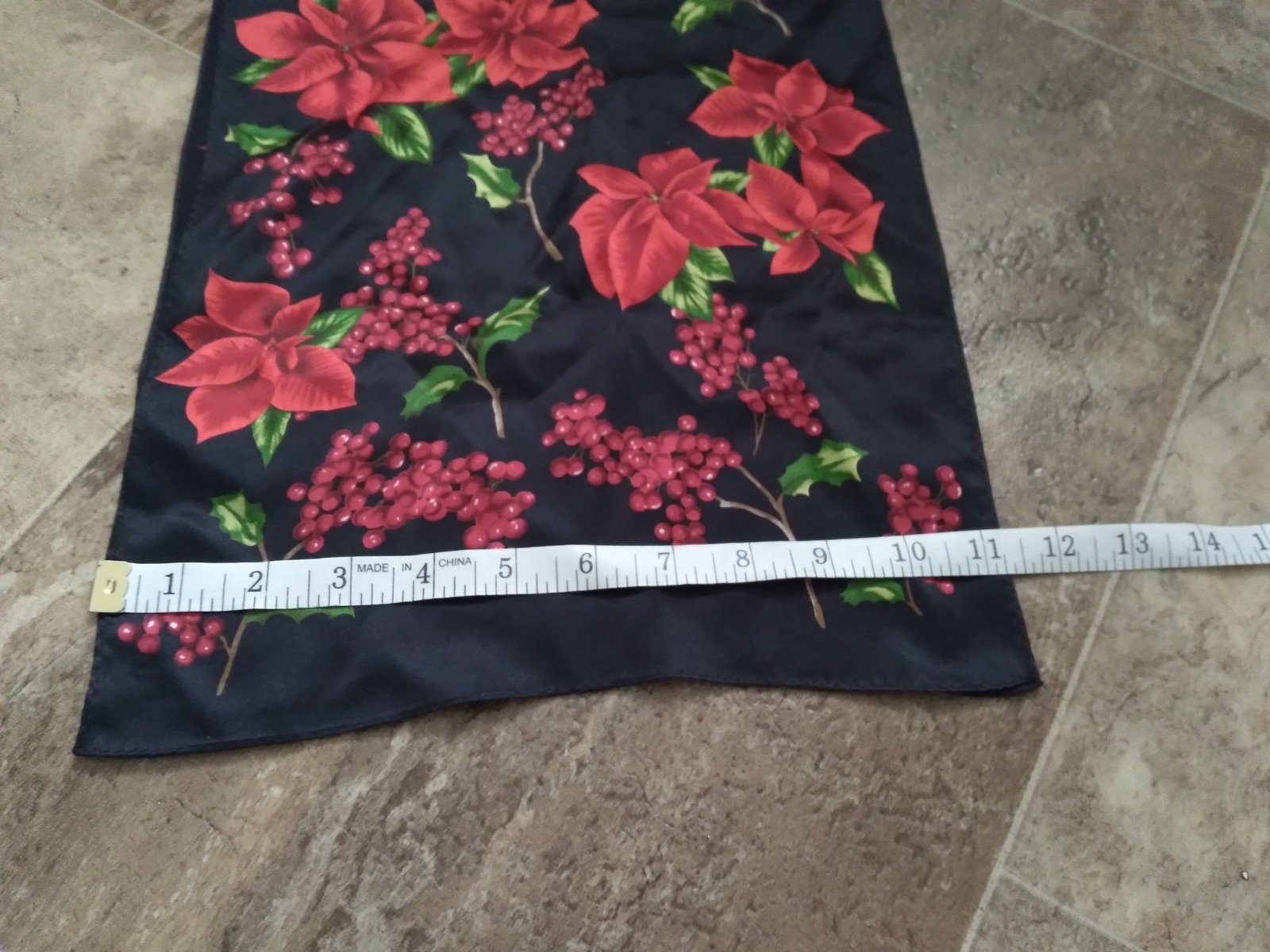 Vintage Floral Print Scarf Poinsettias Holly Berry Black Red 11 x 52