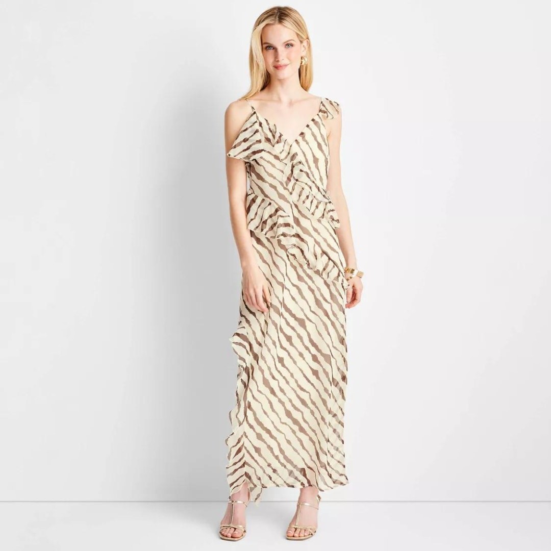 Future Collective Womens Brown Print Asymmetrical Ruffle Sleeveless Maxi Dress M