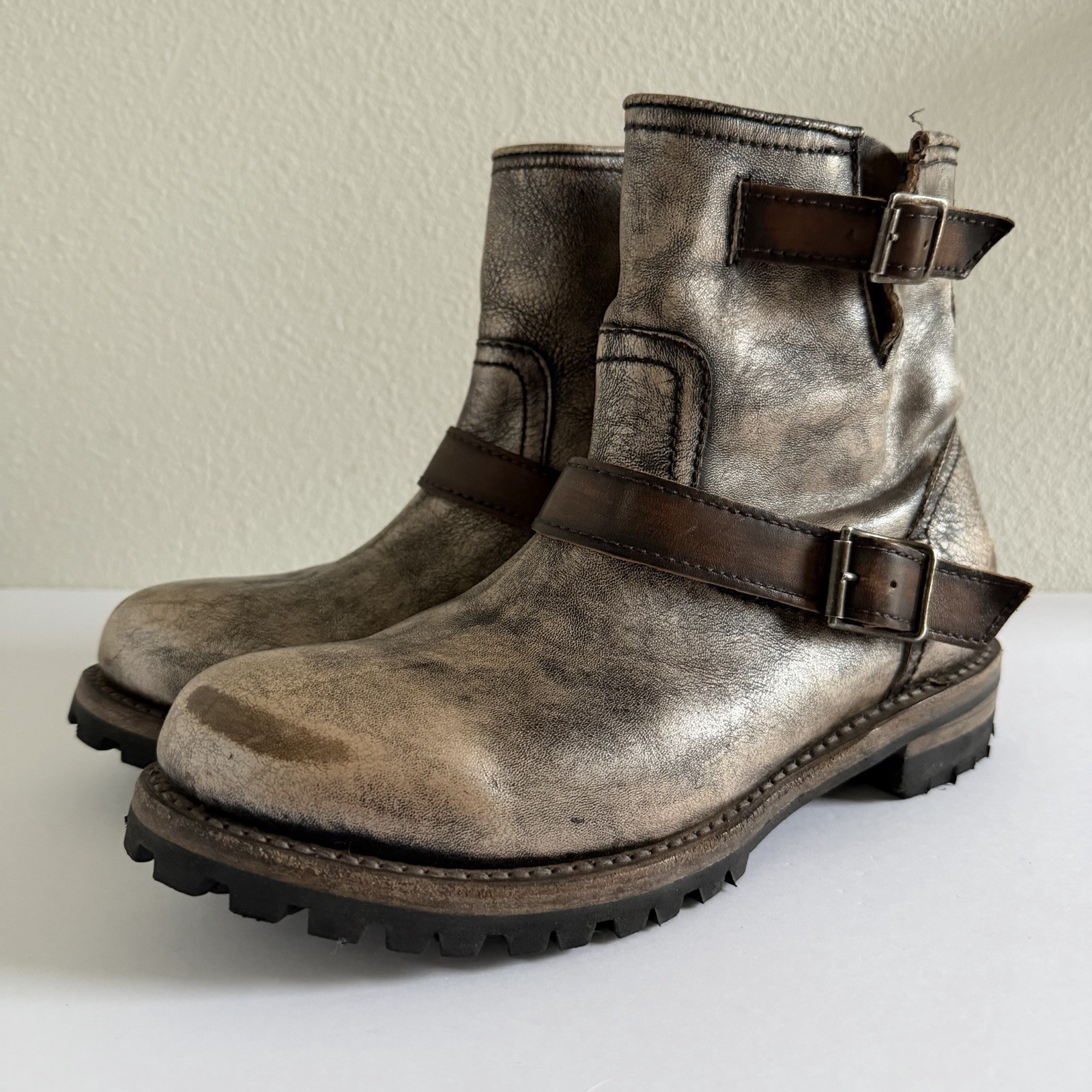 Freebird Harley Metallic Brown Leather Distressed Combat Moto Boots Womens US 12