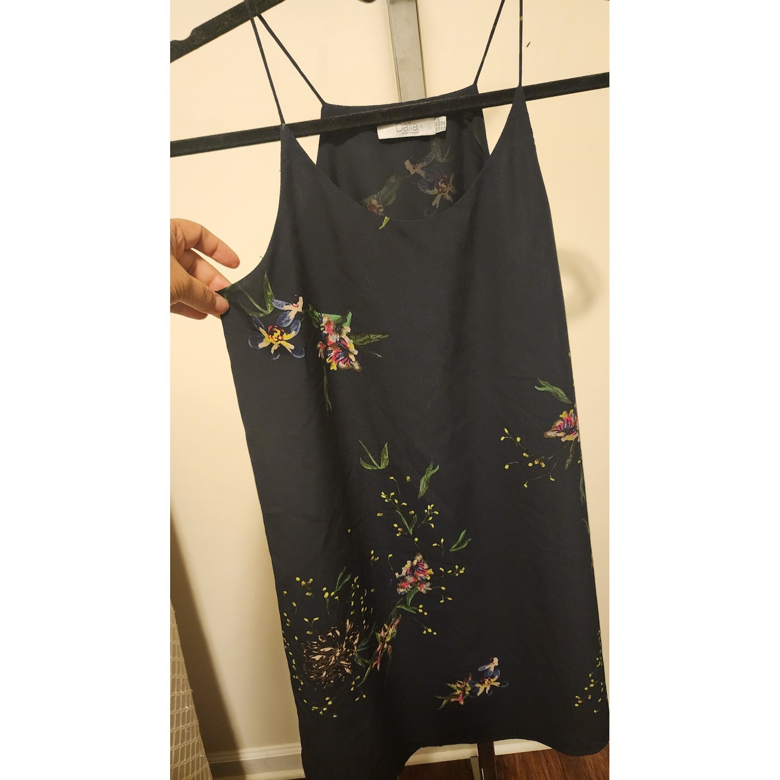 Dalia Floral Spaghetti Strap Shift Dress Navy Blue Botanical Print Boho XS