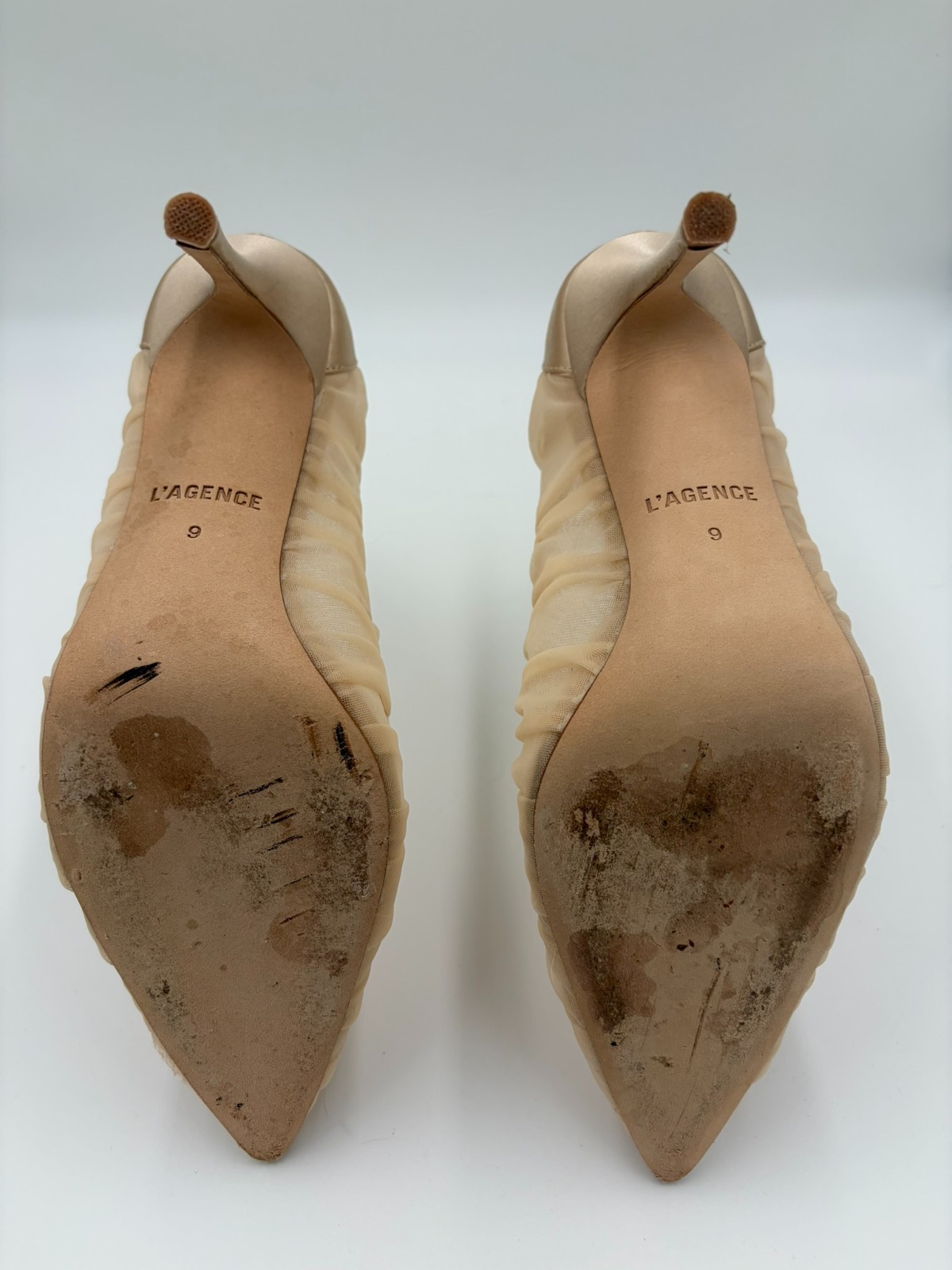 L’AGENCE Marie Pointed Toe Pumps Sheer Ruched Tulle Blush Excellent Pre-Owned 9
