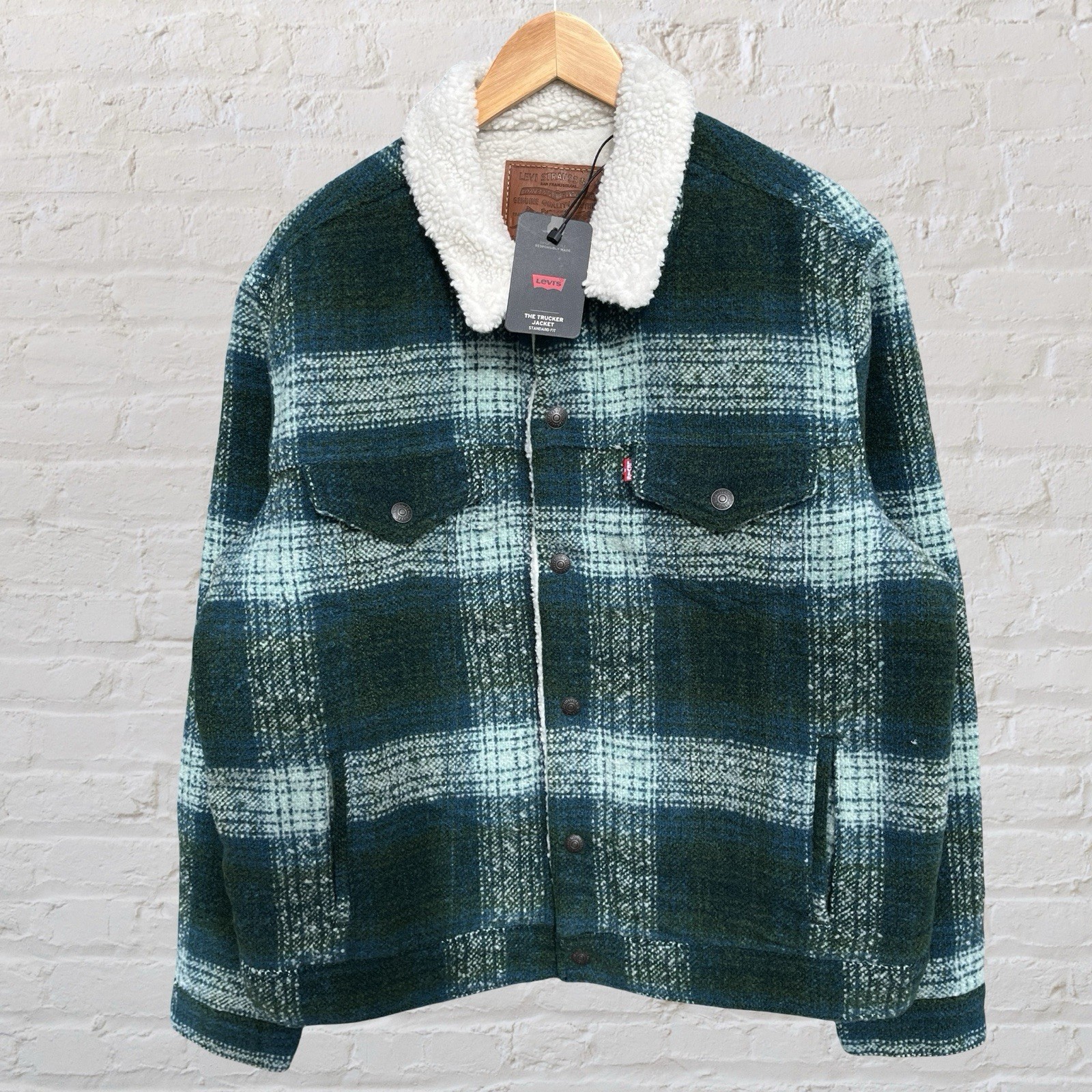 Levi’s Sherpa Lined Trucker Jacket Premium Green Plaid Wool Blend Big E