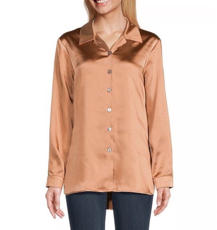 John Mark Satin Woven Button Front Point Collar Long Sleeve Womens Size L NWT