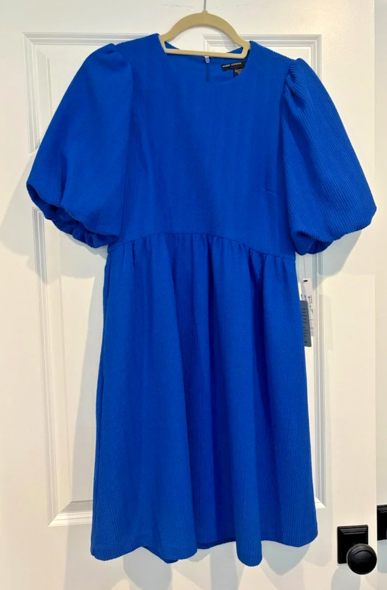 Maggy London Puff Short Sleeve Seersucker Dress w Curved Empire Waist cobalt #4