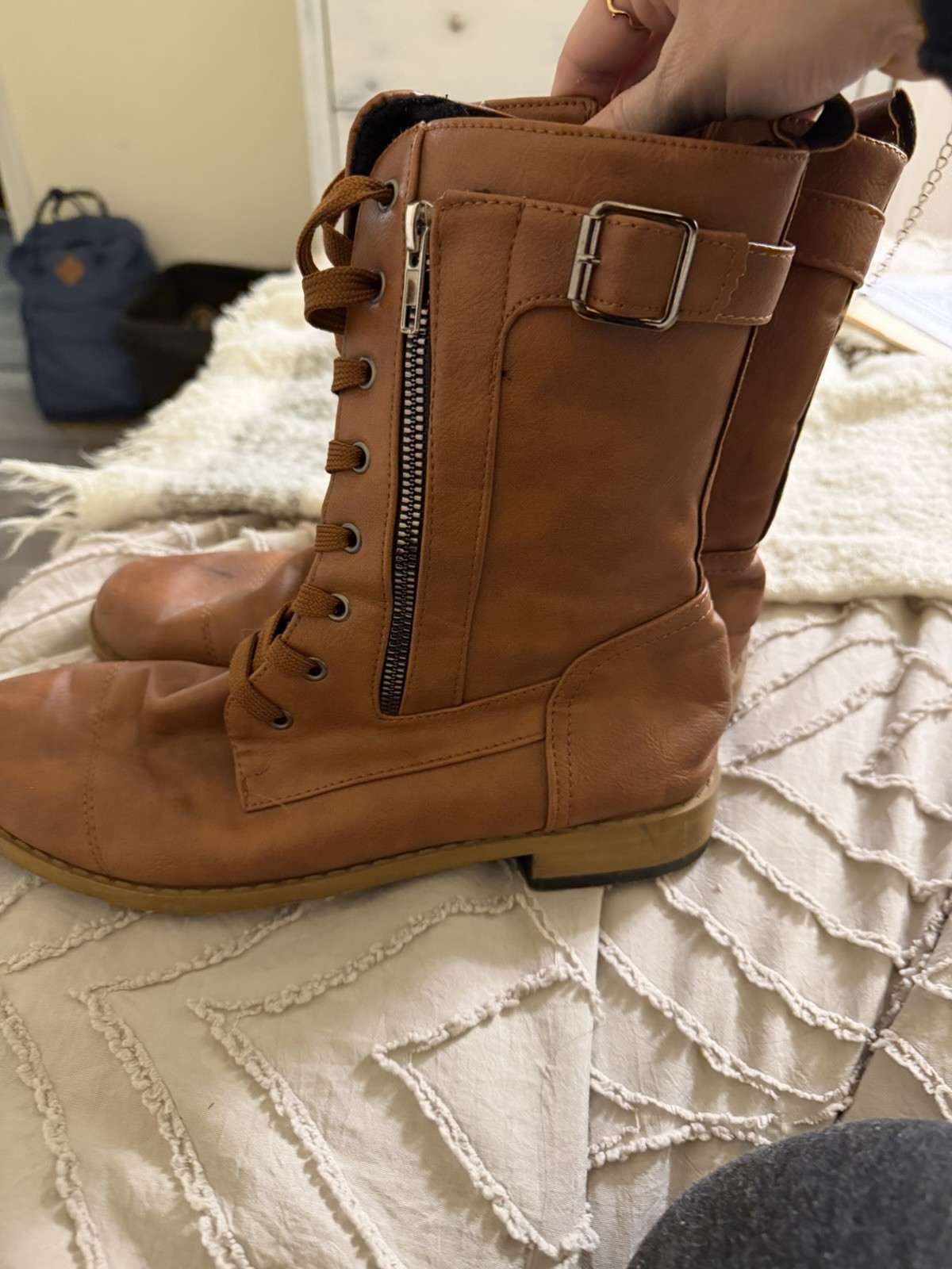 Women’s Brown Solid Mid-Calf Combat Boots Lace-Up Side Zipper Buckle Round Toe