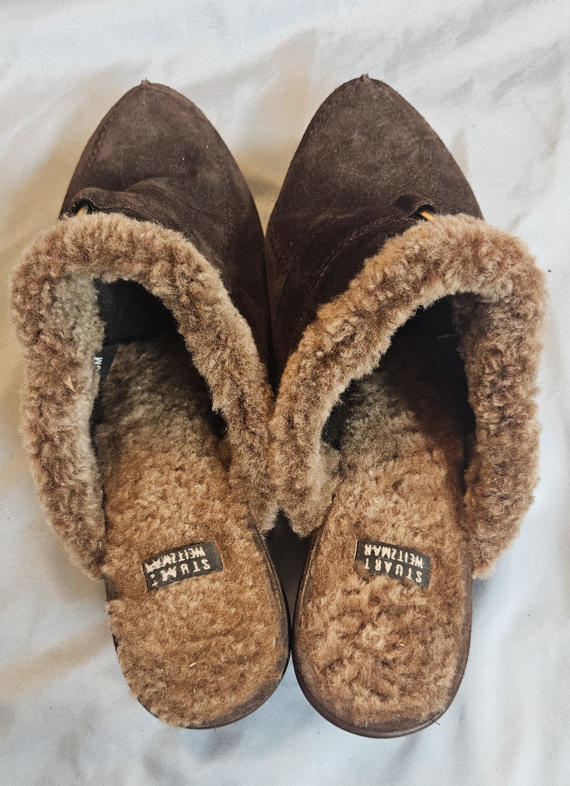 Stuart Weitzman Brown Suede Shearling Lined Mule Wedge Buckle Fur Trim 8M Y2K