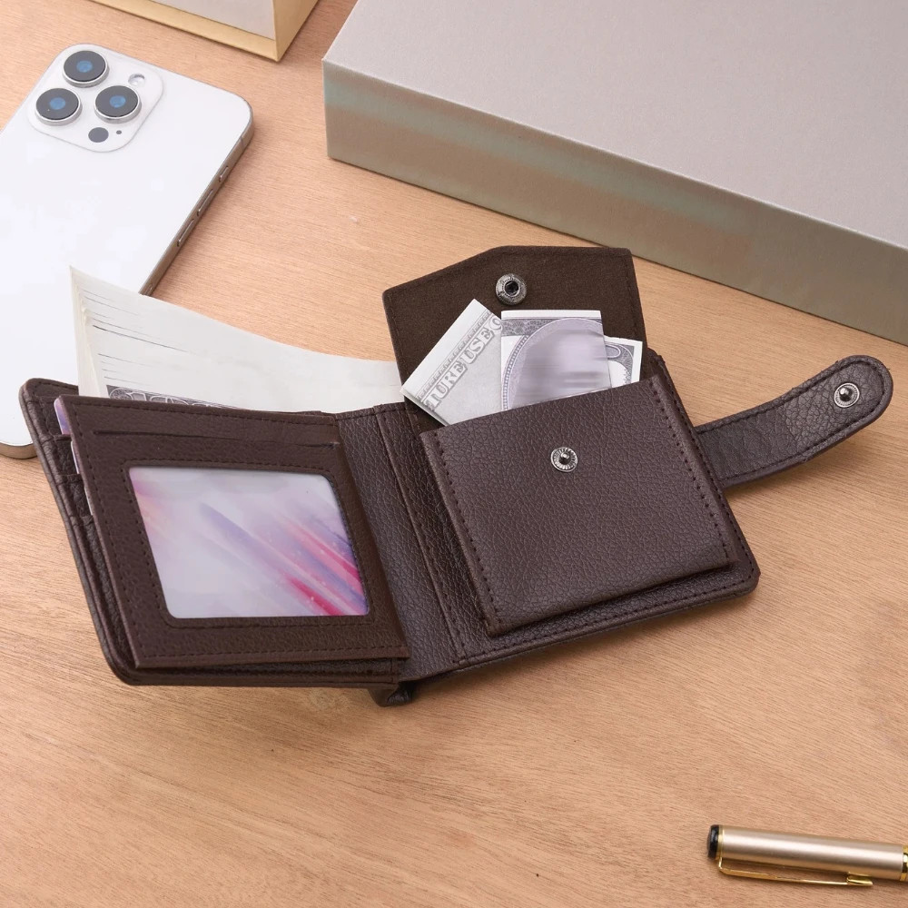 Men’s Slim Leather Wallet, Quality Zipper Purse with Coin Pocket, Male Business