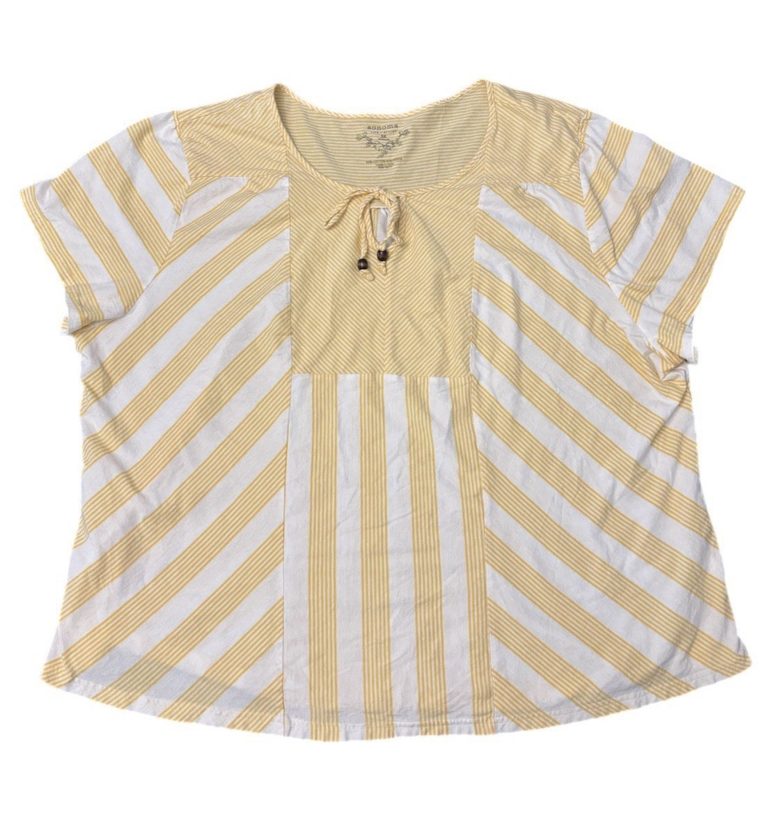 Sonoma Yellow/White Striped Round Neck Cap Sleeve Beaded Tie Top, Plus 3X