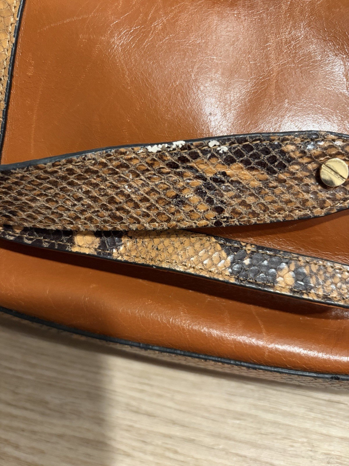 TORY BURCH COGNAC & EXOTIC LEATHER CHAINED STRAP SHOULDER HANDBAG