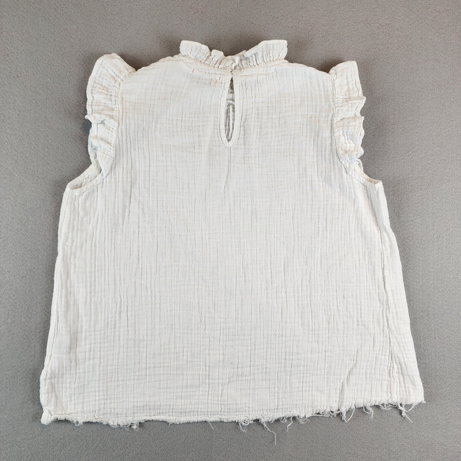 Stark X Muslin Texture Cotton Top Raw Fray Hem White Beachy Blouse Ruffle Sz Sm