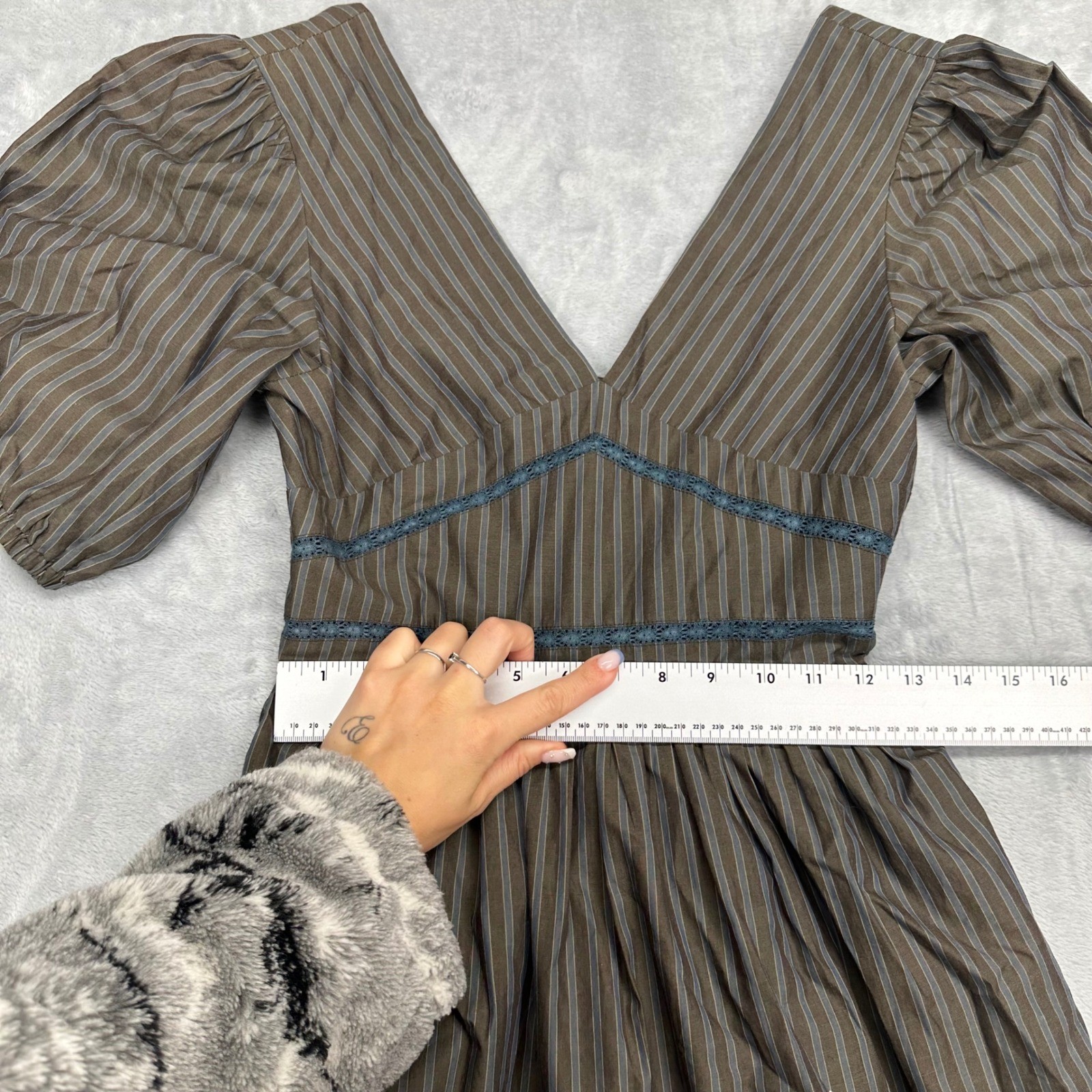 Jacquie The Label Brown Blue Striped Puff Sleeve V-Neck Mini Dress Small Smocked