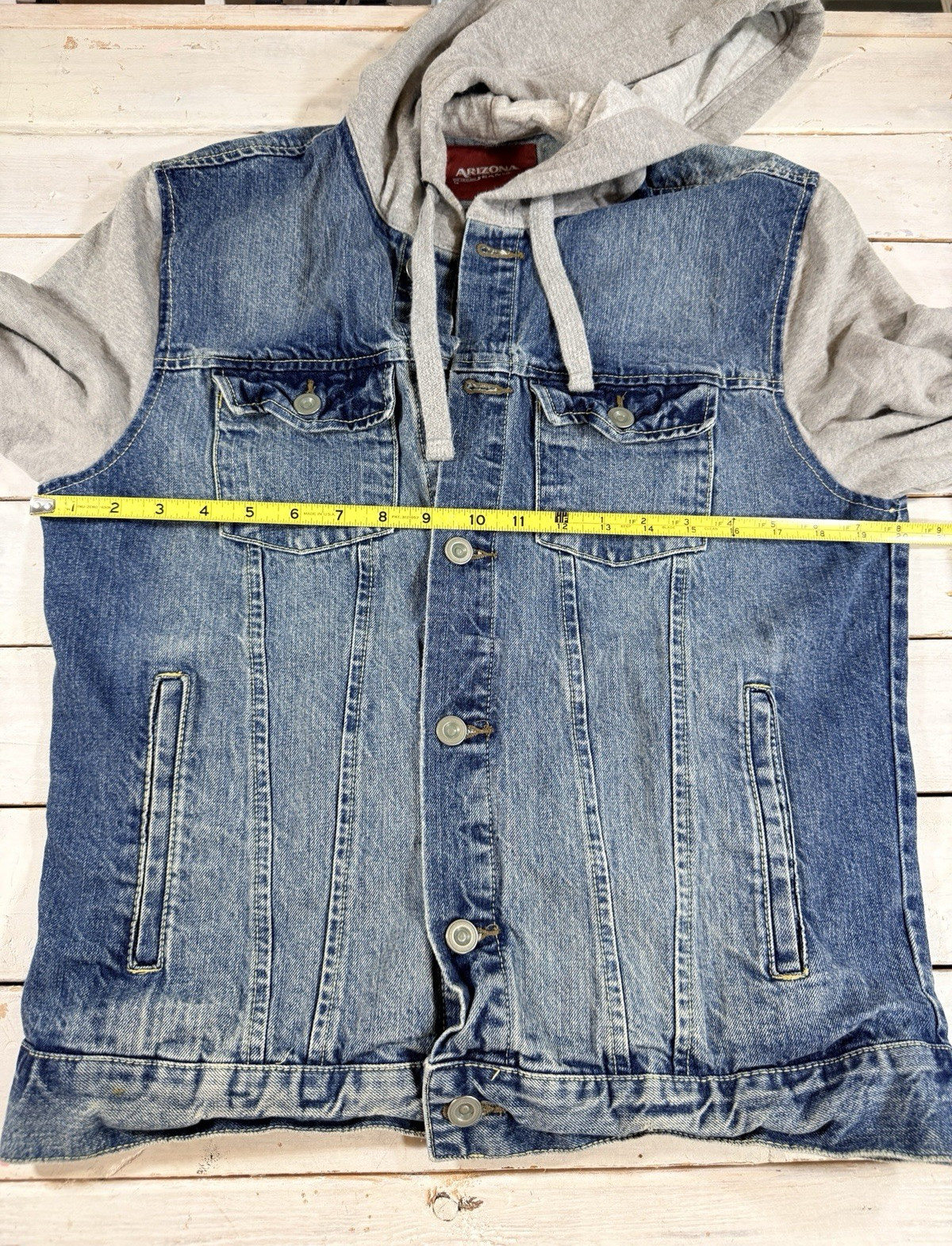 Arizona Jean Hooded Jacket Sz S Denim Button Up Blue Hybrid Trucker Distressed